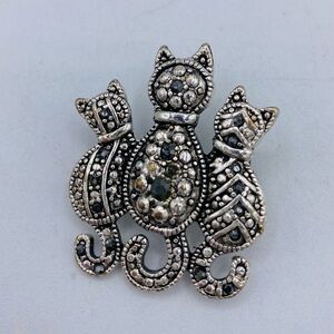 Vintage Silver Tone With Marcasite Stones Three Cats Brooch/Pin Whimsical